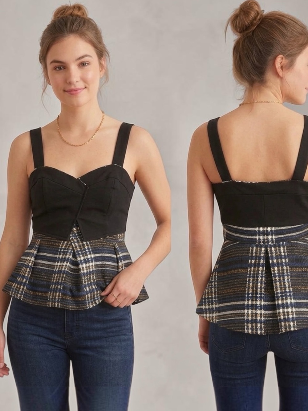 Anthropologie Deletta Metallic Plaid Corset Style Peplum Top Size XS EUC